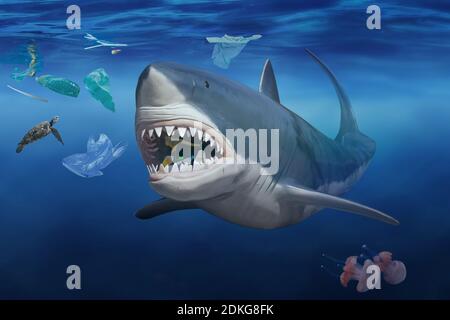 Shark devours plastic garbage [M] Stock Photo
