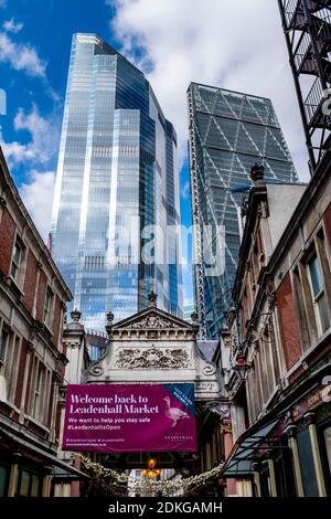 The Entrance To Leadenhall Market and The City of London Skyline, London, UK. Stock Photo