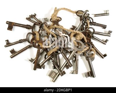 Old Keys on a Cord isolated on white Background Stock Photo