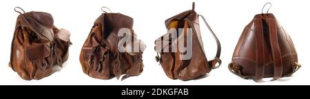 Old Leather Backpack Panorama isolated on white Background Stock Photo