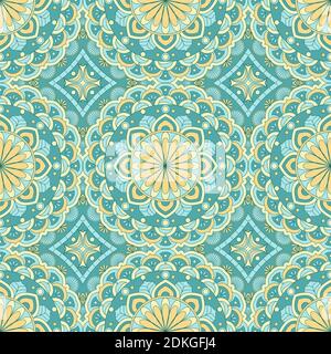 Ethnic seamless vector pattern. Green and yellow geometric flower. Stock Vector