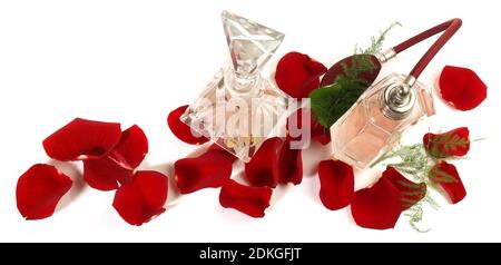 Old Perfume Bottle Present with Rose Petals Panorama isolated on white Background Stock Photo
