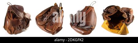 Old Leather Backpack Panorama isolated on white Background Stock Photo