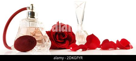 Old Perfume Bottle Present with Rose Petals Panorama isolated on white Background Stock Photo