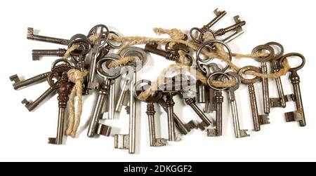 Old Keys on Cord Panorama isolated on white Background Stock Photo