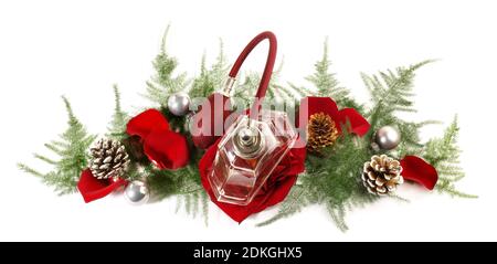 Christmas Present Perfume Panorama isolated on white Background Stock Photo
