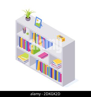 Books on shelf in isometric vector illustration. Stock Vector