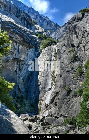 A dry lower Yosemite Falls at Yosemite National Park in California during the summer. Stock Photo