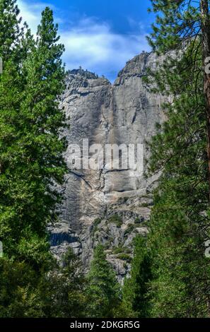 A dry upper Yosemite Falls at Yosemite National Park in California during the summer. Stock Photo