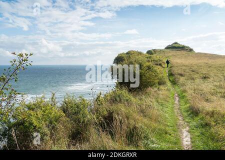 Denmark, Møn peninsula, landscape near Busene, distant view of the Baltic Sea, hikers on coastal footpath Stock Photo