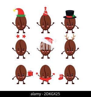 Chistmas smilling coffee beans icon set isolated on white background Stock Vector