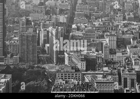 The popular flatiron buliding in New York with the impressive view from above as black and white image, Stock Photo