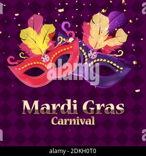 Mardi Gras carnaval Background.Traditional mask with feathers and confetti for fesival, masquerade, parade.Template for design invitation,flyer, poste Stock Vector