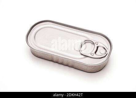 Old tin can against white background Stock Photo