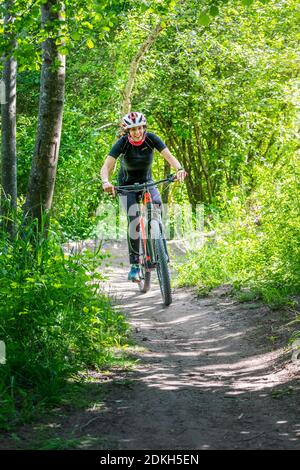 Italy, Veneto, Belluno, Agordino, woman cyclist (45 years old) with an e-bike on a dirt road in the woods Stock Photo