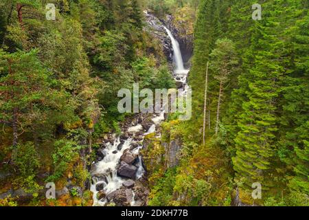 River, waterfall, gorge, valley, mountains, forest, Fjord Norway, Norway, Europe Stock Photo