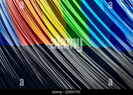 Colorful rainbow pattern of a deflated hot air balloon Stock Photo