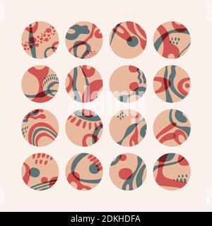 Set of round social media icons. Vector abstract hand-drawn templates for stories. Stickers for design, blogging, packaging. Red, green, beige Stock Vector