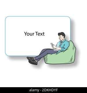 businessman using smartphone on his bean bag with copy space and shadow vector illustration hand drawn with black lines isolated on white background Stock Vector