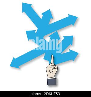 businessman hand pointing up to blue arrows with shadow vector illustration hand drawn with black lines isolated on white background. Business concept Stock Vector