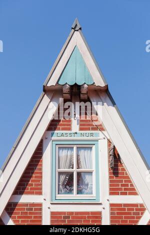 Roof gable on a half-timbered house, Nordseeheilbad Otterndorf, Lower Saxony, Germany Stock Photo