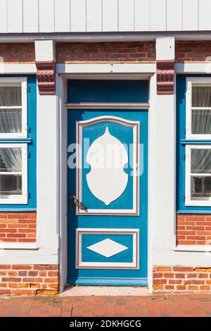 Old ornate door on a half-timbered house, Nordseeheilbad Otterndorf, Lower Saxony, Germany Stock Photo