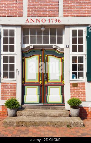 Old ornate door on a half-timbered house, Nordseeheilbad Otterndorf, Lower Saxony, Germany Stock Photo