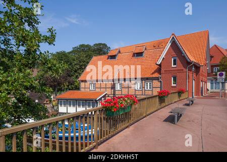 Bridge and house on the Medem River, North Sea Health Resort Otterndorf, Lower Saxony, Germany Stock Photo