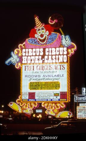 Giant neon sign for Circus Circus Hotel Casino in Las Vegas, Nevada circa 1990s. Stock Photo