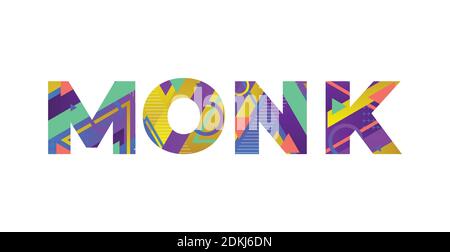 The word MONK concept written in colorful retro shapes and colors illustration. Stock Vector