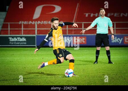 Salford, UK. 15th Dec, 2020. Josh Sheehan of Newport County scores his teams 1st goal from a penalty to equalise at 1-1. EFL Skybet Football league two match, Salford City v Newport County at The Peninsula Stadium in Salford, Greater Manchester on Tuesday 15th December 2020. this image may only be used for Editorial purposes. Editorial use only, license required for commercial use. No use in betting, games or a single club/league/player publications.pic by Credit: Andrew Orchard sports photography/Alamy Live News Stock Photo