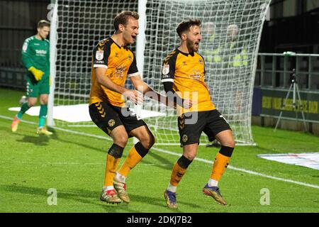 Salford, UK. 15th Dec, 2020. Josh Sheehan of Newport County (r) celebrates after he scores his teams 1st goal from a penalty to equalise at 1-1. EFL Skybet Football league two match, Salford City v Newport County at The Peninsula Stadium in Salford, Greater Manchester on Tuesday 15th December 2020. this image may only be used for Editorial purposes. Editorial use only, license required for commercial use. No use in betting, games or a single club/league/player publications.pic by Credit: Andrew Orchard sports photography/Alamy Live News Stock Photo