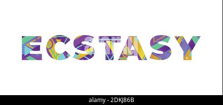 The word ECSTASY concept written in colorful retro shapes and colors illustration. Stock Vector
