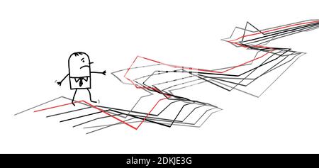 Hand drawn Confused Carton man Walking on Chaotic gray lines Path Stock Vector