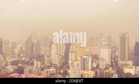 Cityscape Of High Rise Buildings In Poor Weather Morning, Haze Of Pollution Covers City