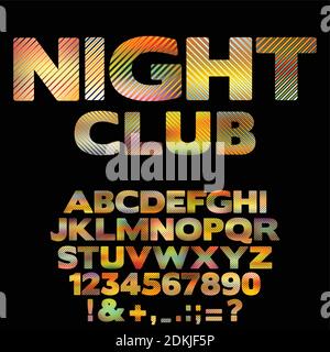 Bright striped Nightclub retro font with numbers and punctuation signs. Glowing colorful vector alphabet Stock Vector