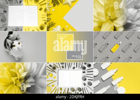 Collage demonstrating color of the year 2021 with frame and text . Trendy colors - Illuminating Yellow and Ultimate Grey Stock Photo