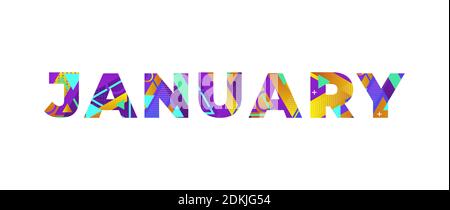 The word JANUARY concept written in colorful retro shapes and colors illustration. Stock Photo