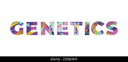 The word GENETICS concept written in colorful retro shapes and colors illustration. Stock Photo