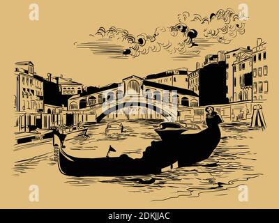 Vector hand drawing sketch illustration of Rialto Bridge on Grand Canal in Venice. Venice skyline hand drawn sketch in black color isolated on beige b Stock Vector