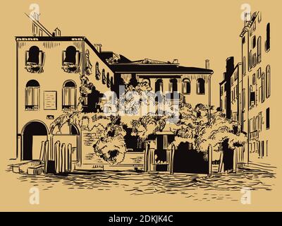 Vector hand drawing sketch illustration of Venice cityscape hand drawn sketch in black color isolated on beige background. Travel concept. For print a Stock Vector