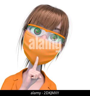 nurse cartoon is asking for silence in white background close up, 3d illustration Stock Photo