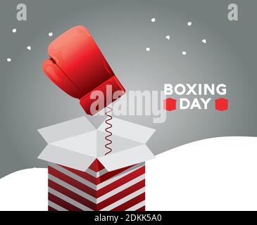 boxing day sale lettering with surprise box and glove jumping vector illustration design Stock Vector