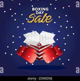 boxing day sale lettering with carton box and gloves vector illustration design Stock Vector