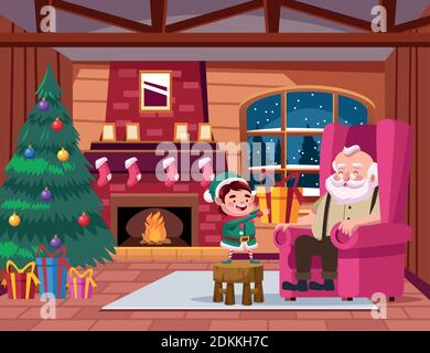 cute santa claus and helper with gift in the house scene vector illustration design Stock Vector