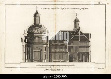 Cross-section and profile of Pentemont Abbey, Paris, proposed by François II Franque. Copperplate engraving by Robert Benard from Denis Diderot and Jean le Rond d’Alembert’s Encyclopedie (Encyclopedia), Geneva, 1778. Stock Photo