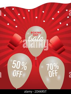 boxing day sale letterings in balloons helium and gloves vector illustration design Stock Vector