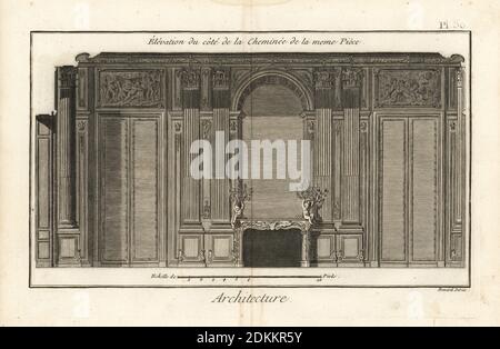 Elevation of the fireplace wall in a room in an apartment in the Palais-Royal, Paris. Copperplate engraving by Robert Benard from Denis Diderot and Jean le Rond d’Alembert’s Encyclopedie (Encyclopedia), Geneva, 1778. Stock Photo