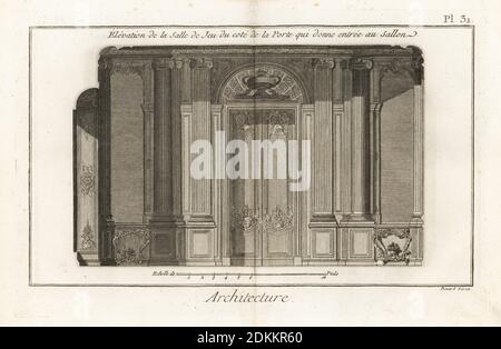 Elevation of a games room, with door to the salon, in an apartment in the Palais-Royal, Paris. Copperplate engraving by Robert Benard from Denis Diderot and Jean le Rond d’Alembert’s Encyclopedie (Encyclopedia), Geneva, 1778. Stock Photo