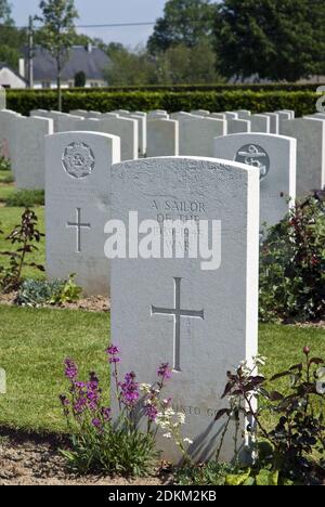 Grave of an unknown British sailor killed in World War Two at the Bayeux Commonwealth War Graves Commission Cemetery, Bayeux, France. Stock Photo